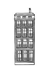 Amsterdam old house. Landmark of the Netherlands. Hand-drawn facades of old buildings collection. Black and white vector illustration.