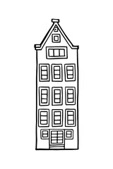 Amsterdam old house. Landmark of the Netherlands. Hand-drawn facades of old buildings collection. Black and white vector illustration.