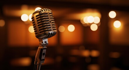 Vintage Mic with Stage, Night, and Concert.