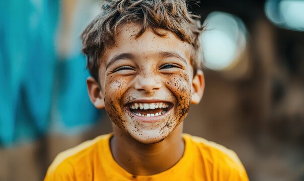 A joyful young boy with a bright smile and a muddy face after playing outside.