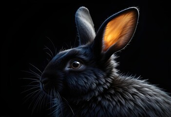 Close-Up Portrait of a Rabbit with Dark Fur and Illuminated Ear