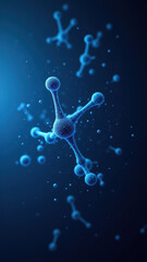 Stylized scientific illustration of a GLP-1 molecule with glowing blue atoms against a dark background.