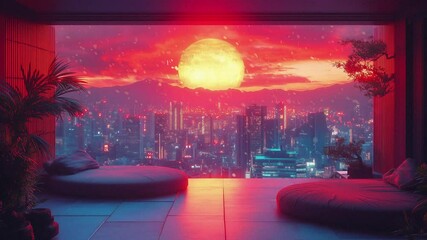 Combining retro anime style with contemporary minimalism, pastel interiors juxtaposed with a neon-splashed city view, nostalgic yet modern urban vibes lofi Relaxing music background Loop 4k Animation