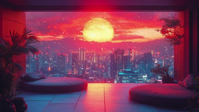 Combining retro anime style with contemporary minimalism, pastel interiors juxtaposed with a neon-splashed city view, nostalgic yet modern urban vibes lofi Relaxing music background Loop 4k Animation