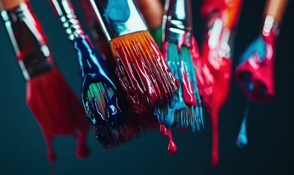 Close-up of colorful paintbrushes loaded with dripping red, blue, and pink paints against a dark background.