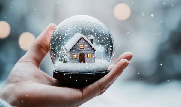 A hand holds a snow globe with a tiny house and tree inside, capturing a perfect winter day.