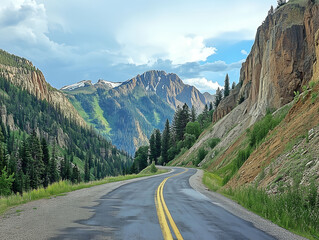 Naklejka premium Mountain Road Through Lush Valley, Winding Road in Mountain Landscape