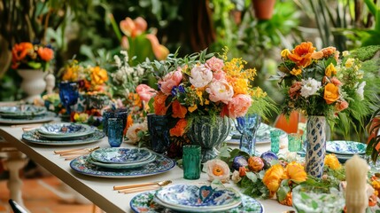 Floral Feast: An enchanting dining table lavishly adorned with vibrant flowers and elegant place settings, set against a backdrop of lush greenery.
