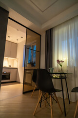 Apartment Interior Design Glass Door Modern Kitchen Evening Lighting