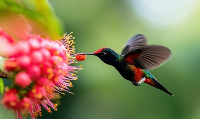 A rufous-tailed hummingbird gracefully drinks nectar from a vibrant pink flower in the sunlight.