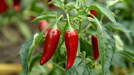 Red Chili Peppers Growing on Plant, Ripe Red Chilies on Green Leaves