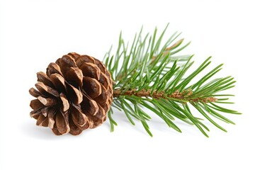 A close up shot of a pine cone and a green branch on a white background in a studio setting