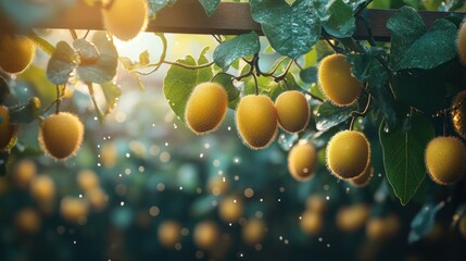 Golden kiwi fruits growing on a vine, sunlit, with water droplets.