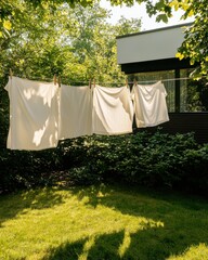 Fresh Laundry Hanging on a Clothesline Outdoors in the Sunny Backyard
