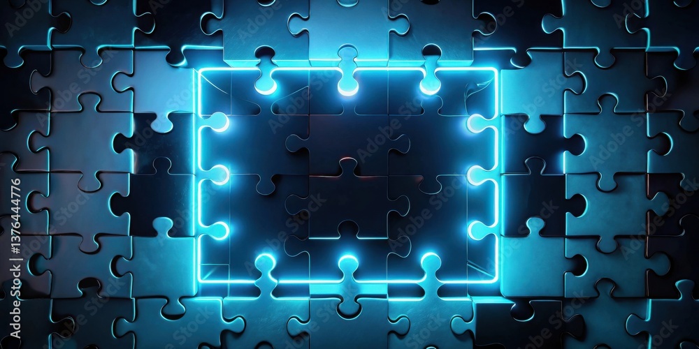 Poster Illuminated Puzzle Solution A Glowing Framework of Interlocking Pieces Representing Strategic Problem Solving and Collaborative Teamwork