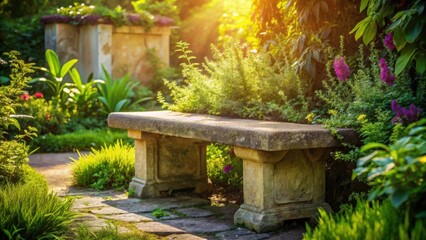 Serene stone bench nestled amidst vibrant garden blooms bathed in warm sunlight, a tranquil outdoor haven ideal for quiet contemplation and peaceful relaxation.