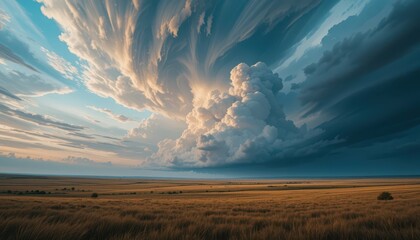 Majestic Storm Clouds Above a Serene Golden Grassland Landscape