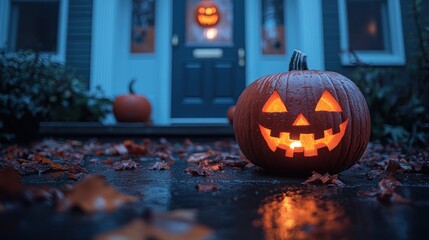 Obraz premium Lit jack-o'-lantern on porch steps with autumn leaves at night.