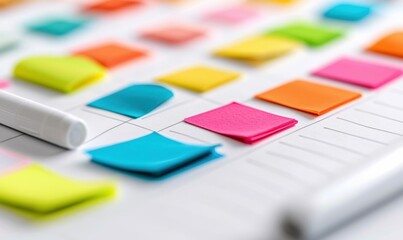 A scheduler marked with vibrant sticky notes helps organize appointments, tasks, and deadlines, improving planning.