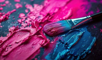 Fototapeta premium A paintbrush lies poised on a canvas of vibrant pink and blue, ready to create a masterpiece.
