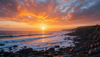 Obraz premium Serene Sunset Over Coastal Waves with Rocky Shoreline View