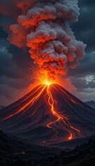 Fototapeta premium Erupting Volcano with Lava Flow and Dramatic Smoke Clouds at Dawn