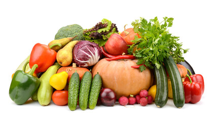 Large collection of useful vegetables and fruits isolated on white