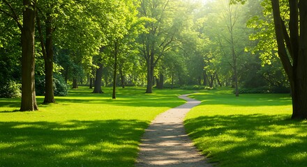 Fototapeta premium Serene Park Pathway Underneath Lush Trees on a Sunny Day