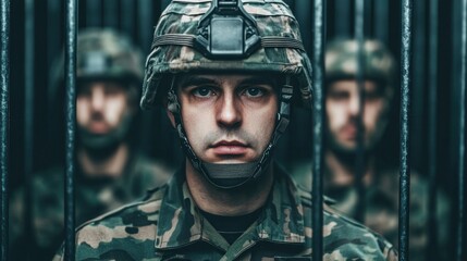 Obraz premium Military justice system under scrutiny soldiers in custody prison professional photography dim light serious tone