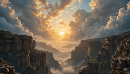Fototapeta premium Majestic Sunset Over Rocky Canyon with Dramatic Cloudscape