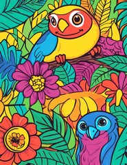 Fototapeta premium Cheerful Owls in Vivid Flora: Two charming owls, perched amidst a riot of colorful flora and foliage, invite viewers to embrace nature's vibrant palette and whimsical charm. 