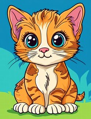 Fototapeta premium Adorable Kitten Illustration: A charming illustration of an orange tabby kitten with big, expressive blue eyes, sitting contentedly.