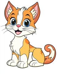 Cute Kitten Cartoon Illustration: A cheerful cartoon kitten with bright blue eyes, orange and white fur sits with a friendly smile, capturing the innocence and playfulness of feline companions.