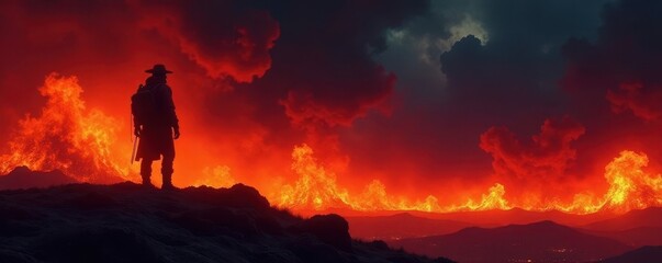 Fiery inferno backdrop silhouettes a dark shape , flame, design