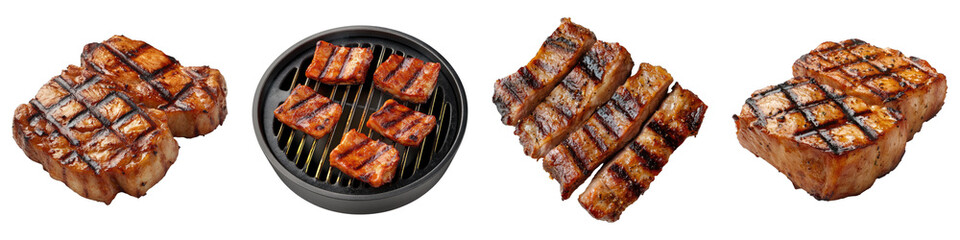 Grilled pork grill isolated on transparent background. PNG, Set of