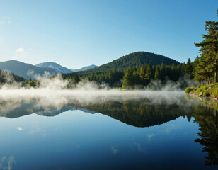 Fototapeta premium Morning mist blankets a serene mountain lake, reflecting the dense forest and distant peaks in its calm waters