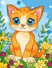 Obraz premium Joyful Kitty: A charming, cartoonish image of a kitten with a delightful demeanor, surrounded by colorful flowers and a bright blue sky, embodies the essence of happiness and carefree days.