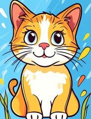 Obraz premium Cheerful Cat: A delightful illustration of a cute orange and white cat with big, expressive eyes, exuding an innocent charm against a playful, colorful background.