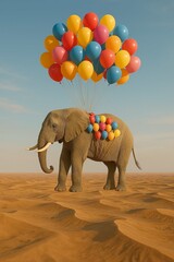 elephant with balloons in desert