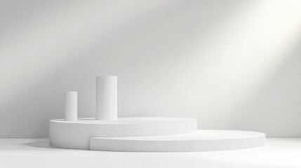Fototapeta premium Empty podium or pedestal display on white background with cylinder stand concept. Blank product shelf standing backdrop