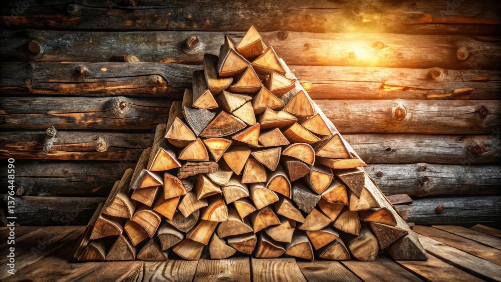 Poster a triangular stack of firewood against a rustic log wall, ready for a cozy winter evening