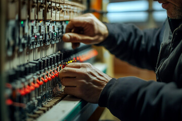 Focused Electrician in Hard Hat Working with Wiring in Industrial Setting, Generative AI