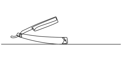 Straight razor continuous single one line art drawing, Continuous one line drawing of straight razor. Vintage barber razor isolated on a white background. Barbershop concept. Vector illustration, pro.
