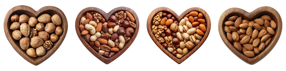Heart shaped nut bowl isolated on transparent background. PNG, Set of