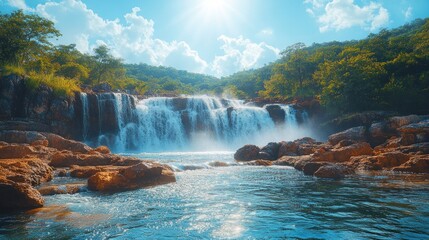Serene waterfall cascading down rocky terrain into a pristine pool, bathed in sunlight.