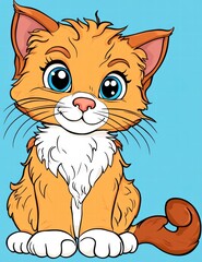 Obraz premium Fluffy Orange Kitten: A charming cartoon kitten with bright blue eyes and orange fur, full of playful energy and innocent charm.