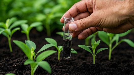 Close-up of soil sample test in a vibrant seedling garden