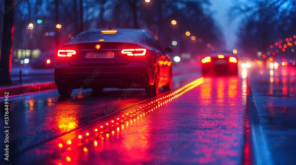 Poster cars navigate an urban road featuring illuminated smart pathways that promote safety and efficiency 