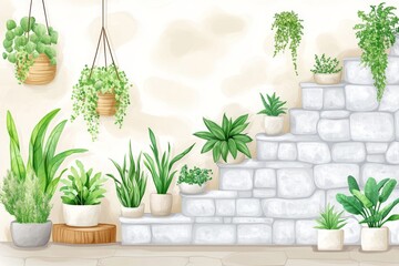 A colorful 2D illustration of a cozy biophilic apartment with hanging plants and bamboo furniture