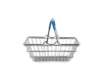 Online shopping concept.Cardboard box and shopping bags in a trolley isolated on white background. Shopping basket. Online shopping using a laptop, tablet, phone and credit card. Home delivery.